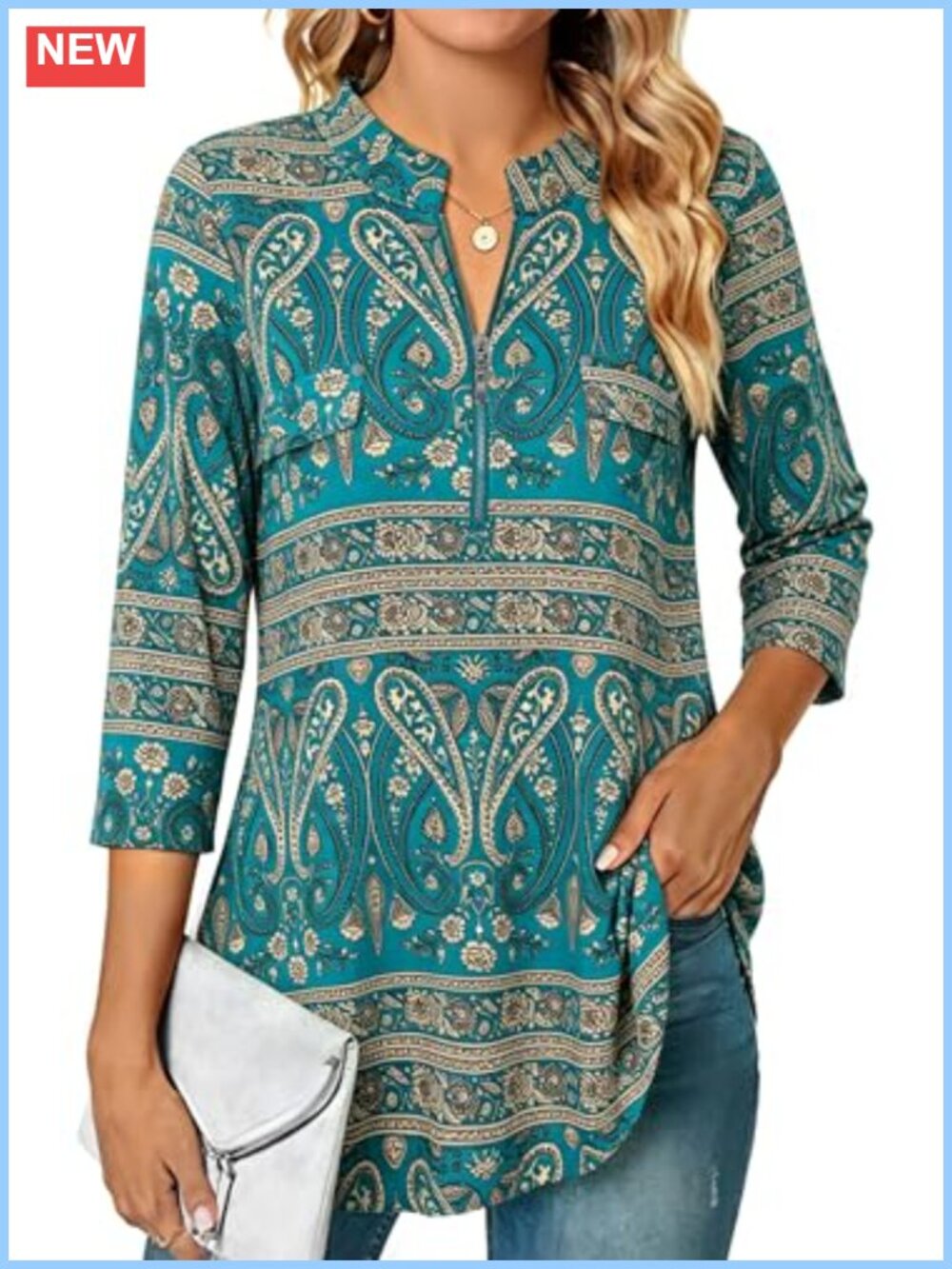 Women's 3/4 Sleeve Plaid Zip V-Neck Tunic Blouse Casual Top